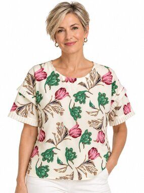 Elf Sack Floral Print Short Sleeve Pleated Ribbon Trim Top